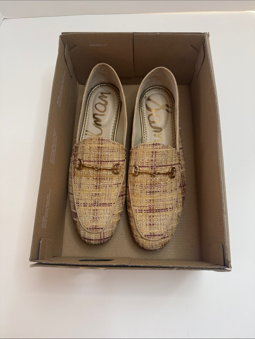 NIB Sam Edelman Tweed Loafers Size 7.5 Gold Accent Textured Plaid Flats